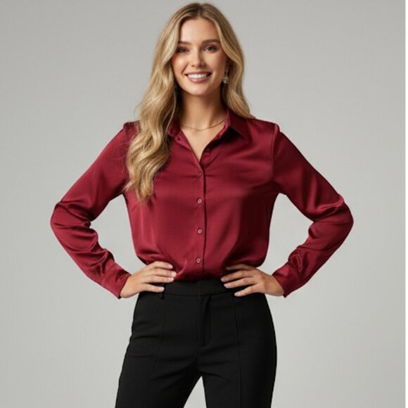 Satin Button Front Long Sleeve Blouse Burgundy - Picture 3 of 8